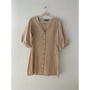 Nasty Gal Tan Cotton Linen Blend Button Front Mini Dress Puff Sleeve (Size 10)